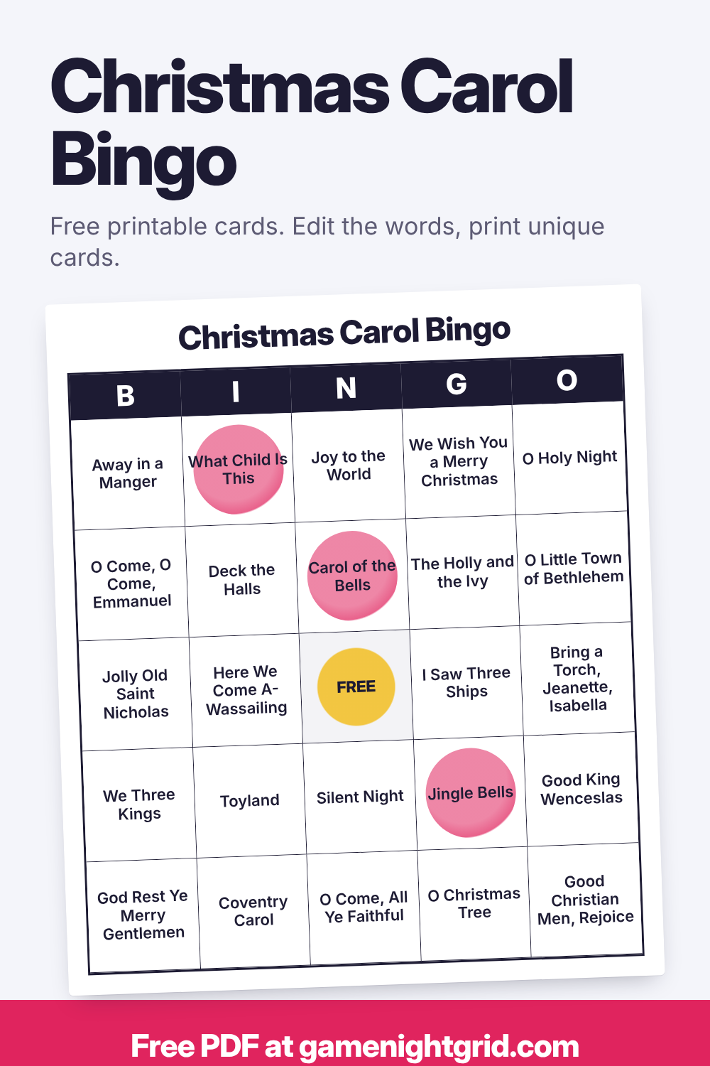 Christmas Carol Bingo: free printable bingo cards