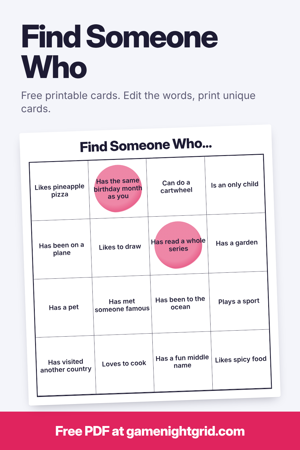 Find Someone Who...: free printable bingo cards