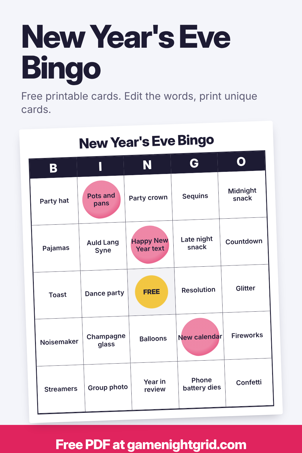 New Year's Eve Bingo: free printable bingo cards