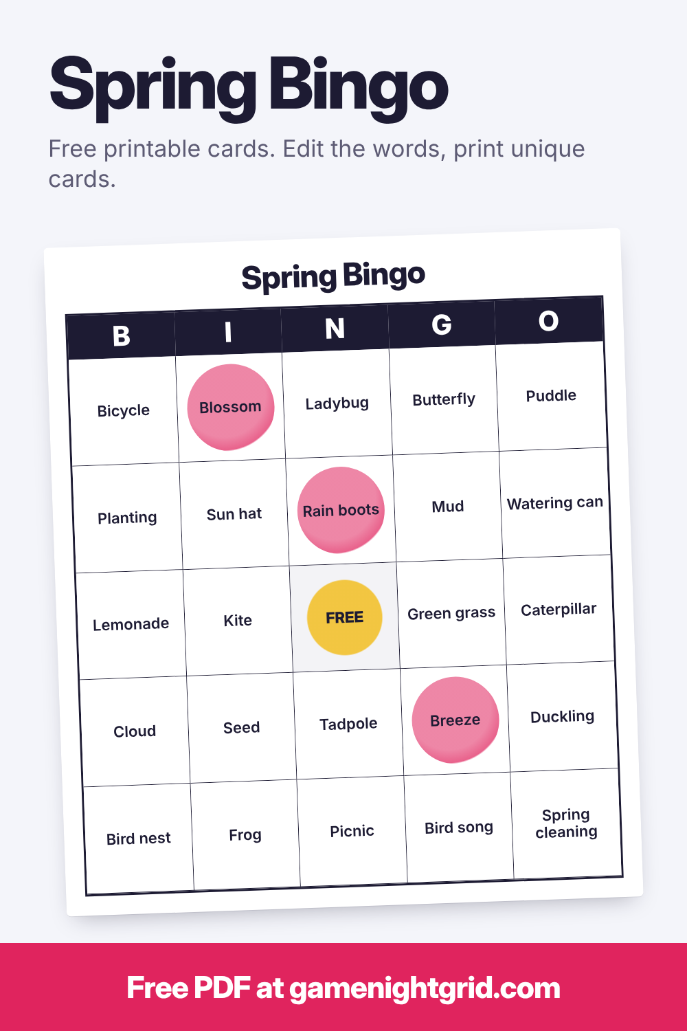 Spring Bingo: free printable bingo cards